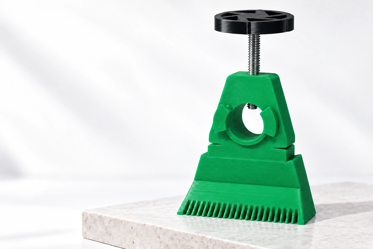 Green masonry line holder with black knob and silver screw